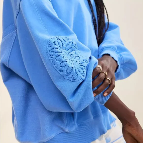 Aerie Keep it Light Crochet Sweatshirt, NWT, Laundry Blue Color, Large - Picture 1 of 10